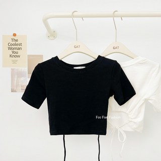 GAT 韓國女裝【Fee爆款10色】正韓後綁繩挖洞造型短版上衣，素色彈力短袖T恤，韓版女裝上衣