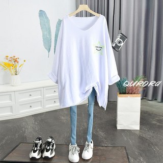 Qurora大尺碼上衣 長袖T恤女 中長版 超大碼女裝春秋新款寬松顯瘦心機V領中長款長袖打底T恤衫潮