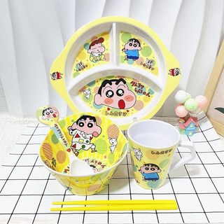小新卡通兒童餐具套裝：防摔防燙分格餐盤勺，寶寶學生家用可愛餐具, 1【小新蠟筆】,1【三格盤+勺+筷】, 1個