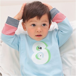 augelute 長袖連身衣 數字印花 拼接袖 側開扣 男寶寶 女寶寶 爬服 哈衣