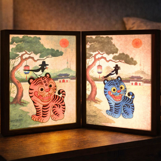 한국 전통민화 호작도 LED 무드등 호랑이 까치 - S 사이즈 (5X7 인치), 노랑 호랑이