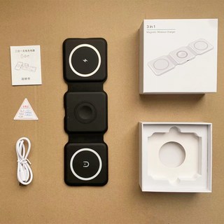 三合一磁吸無線充電器 摺疊便攜手機耳機手錶無線充電座, 黑色, 1個