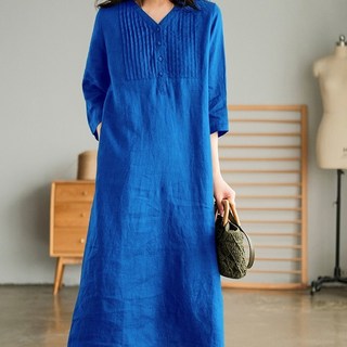 봄 여름 리넨 5분 소매 세련 연상적 패션 원피스 여성용 캐주얼 V넥 얇은 소매 긴 원피스 스타일 더위 흡수
