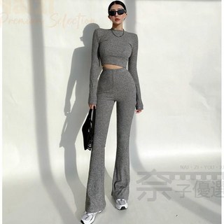 新竹出貨 美式運動休閒套裝彈力螺紋緊身短版上衣 高腰垂感喇叭褲女生長袖套裝健身跑步瑜伽套裝圓領長袖打底衫高腰褲两件套