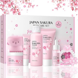 8Pcs 재팬 사쿠라 스킨 케어 세트 틴 걸 뷰티 선물 클렌저 토너 세럼 아이 크림 페이스 헤어 클립 타이 페이셜 클렌징 브러시가 포함된 여성용 벚꽃 키트, 1개