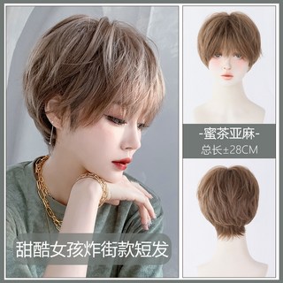 適合女士的短假髮自然蓬鬆全假髮減齡波波頭假髮男女通用酷炫時尚韓國男士髮型全假髮自然無痕, 甜酷女孩日常炸街款短髮-蜜茶亞麻, 1個