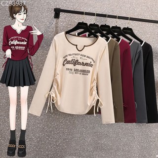大碼洋氣印花長袖T恤女2024秋季新款胖mm設計感小眾顯瘦打底上衣