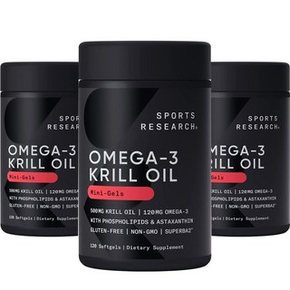 SPORTS RESEARCH 磷蝦油蝦紅素Omega-3軟膠囊 500mg, 120顆, 3罐