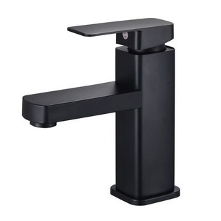 菲勒衛浴 304不鏽鋼面盆水龍頭 不鏽鋼洗臉盆龍頭 方型冷熱龍頭, 1個, 黑色（含水管）