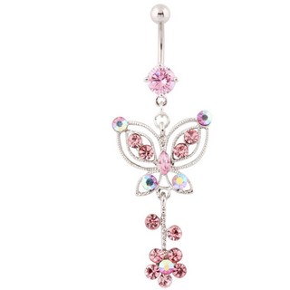 B3 現貨 蝴蝶肚臍環 鋯石 316醫用不銹鋼 肚臍扣 肚臍環 肚臍釘 粗針 蝴蝶 人體穿刺 飾品 造型, 1個, 粉色