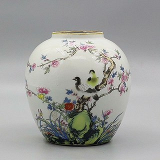 清同治年制 鳥語花香紫邊壇罐 手工瓷器 古玩收藏 老物件 高15cm 肚徑13.5cm 口徑6.5cm, 如圖所示, 1個