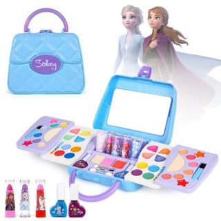 Sollasy 冰雪奇緣兒童化妝玩具套裝，手提包造型，水溶性配方，安全無毒，角色扮演, 藍色款, 1個