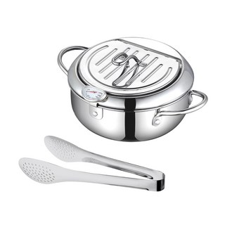 鼎匠 日式304不鏽鋼油炸鍋，附不鏽鋼濾油夾、油溫錶，IH電磁爐通用，含濾油網、鍋蓋正品鋼印, 附圓頭夾, 1個, 24.5cm