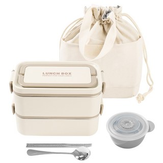 루몬 2단 스텐 도시락통 전자레인지 가방 세트, 1개, 베이지