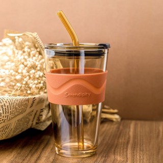 台灣有貨 極光杯子ins高顏值吸管玻璃杯 耐高溫咖啡杯 學生情侶水杯 簡約, 1個, ins雙飲吸管杯450ml,煙灰色*吸管*硅膠套