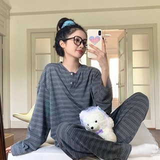 慵懶風純棉條紋睡衣 女生居家服 春秋季新款薄款舒適長袖長褲套裝 家居服可外穿 棉質睡衣 兩件套 寬鬆睡衣 學生睡衣