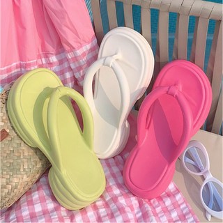 EVA 5公分厚底夾腳拖鞋 超輕高彈性 女生休閒涼鞋 居家室內/防水沙灘拖鞋, 奶黃色,38-39（適合23.5公分）