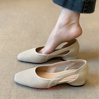 羊皮版 法式編織鏤空包頭涼鞋 35-42碼女生方頭鏤空洞洞鞋 真皮涼鞋麵包頭大碼女鞋 粗跟度假風羅馬鞋淺口單鞋, 米白,37【235】