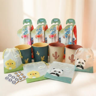 파니스 어린이집 답례품 구디백 양치세트(칫솔+2분 모래시계+양치컵+스티커) 4P, 4세트, 블루핑크