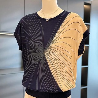 ROYALBELLE 여성 패션 레이온 니트 티셔츠 엄마 중노년 라운드넥 반팔 배색 티셔츠 I052613