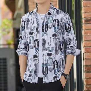 男士冰絲韓式花襯衫 長袖修身彈力襯衣