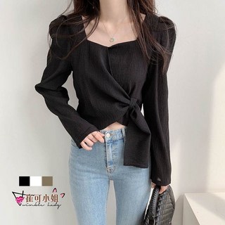 崔可小姐 韓系方領宮廷風襯衫 泡泡長袖綁帶顯瘦氣質襯衫上衣 HD0039
