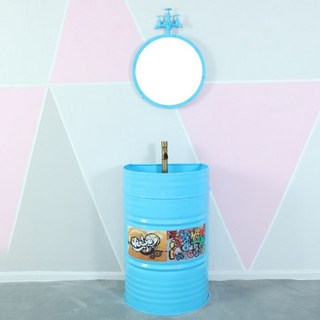 Shark家具 工業風油桶洗臉盆 個性KTV酒吧洗手台 落地立柱盆, 淺藍色帶鏡子（送水龍頭 下水）, 1個