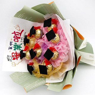 FlowerSP 畢業金莎花束(多顆數量) 畢業花束/畢業禮物/畢業季/香皂花/金莎巧克力, 20顆 (無背卡),綠色系(可參考商品圖片), 1個