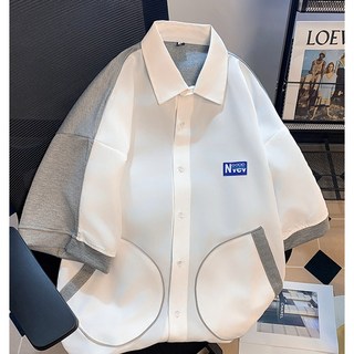 大口袋短袖襯衫 拼色休閑半袖襯衣 落肩 五分袖 男女 OVERSIZE韓國上衣 多口袋 寬松男女不拘