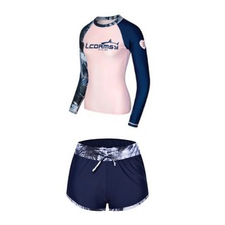 水精靈 長袖速乾防曬水母衣 衝浪衣 情侶款 UPF50+, 女款 2件套 (上衣+藏藍色數碼邊短褲),S