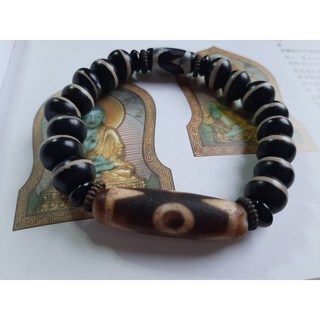 結緣價格 西藏老件 高油三眼天珠 天地靈珠藥師珠 虎牙天珠 17cm手鍊