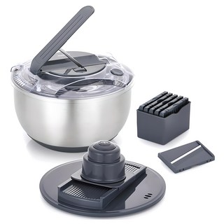MUDITA 專業級304不鏽鋼攪拌盆蔬菜脫水器 5L + 萬用切菜器6件組, 混合色, 1套