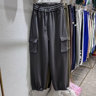 大尺碼男裝150公斤 秋季新款特大碼韓版寬鬆運動衛褲口袋顯瘦抽繩束腳褲直筒工裝休閒闊腿長衛褲