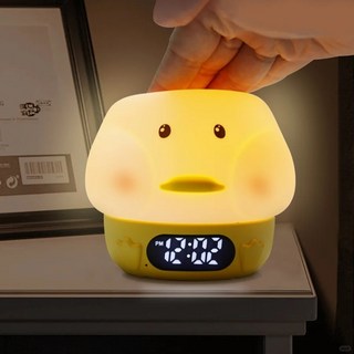 【台灣出貨】可愛萌寵鬧鐘夜燈 USB充電 調光定時 LED變色 拍拍小夜燈 鬧鐘燈, 白, 白