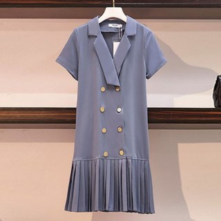 [Myshe]여성 원피스 정장핏 플리츠 더블브레스트 하객룩 여름, 3XL, 블루