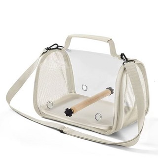 灰色全景外出寵物籠 飼養鳥類專用透明便攜包 尺寸26X19X19.5CM, 鳥用外出籠-米白色, 1個