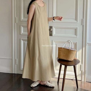 【Fee現貨8色】棉麻背心休閒長洋裝 有口袋 連身裙 渡假洋裝 女裝 寬鬆韓系孕婦裝, 現貨-灰色F