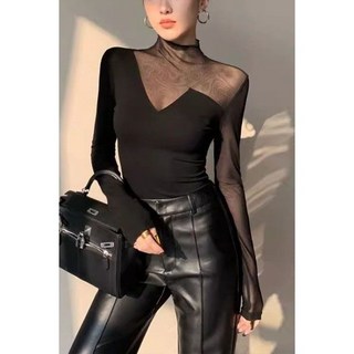 設計時尚氣質黑半高領網紗拼接長袖T恤新款修身性感顯瘦打底上衣