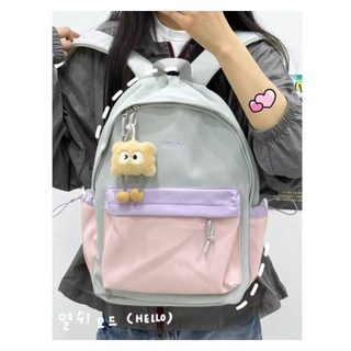 撞色設計雙肩包 初中/大學生適用 大容量旅行揹包, 綠拼黃,無規格