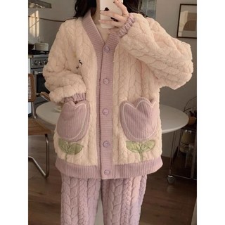 Doly珊瑚絨睡衣女冬季甜美休閒開衫長袖V領法蘭絨高級女士家居服套裝