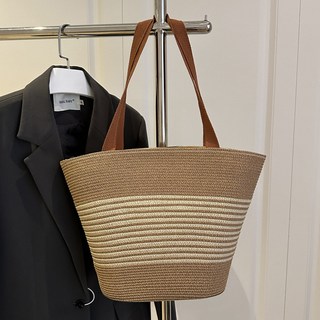 條紋大容量2025新款草編托特包 大號手提包 單肩腋下女包 高級質感, 卡其色
