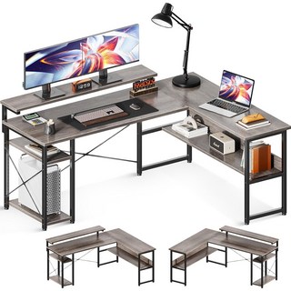 AODK 모니터 받침대 포함 수납형 ㄱ자 코너 책상, F08, 그레이