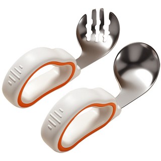 台灣出貨 學習餐具 兒童餐具組 不銹鋼餐具組 不銹鋼湯匙 學習湯匙 寶寶餐具 兒童餐具 短柄叉勺 不鏽鋼叉勺 贈收納盒 彎勺學習餐具組-橘橙色:(贈收納盒), 1個