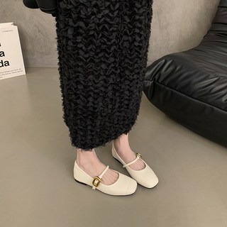 瑪莉珍鞋 娃娃鞋 小方頭 軟皮 奶奶鞋 一字帶單鞋 復古平底小皮鞋, 米色,36