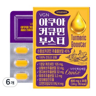 [웰스앤헬스] 비제닉스 아쿠아 커큐민 부스터 수용성 강황 퀘르세틴 코엔자임Q10 (800mg), 6박스, 30정