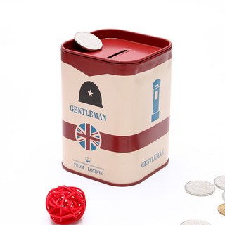 二店嗨購 馬口鐵儲蓄罐 創意米字鬍子卡通鐵罐 方形金屬收納盒, 1個, 棕色阿兵哥帽