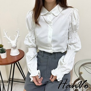 HanVo 甜美燈心絨背心連衣裙 獨特立領澎澎袖長袖襯衫 學院風穿搭 女生衣著 A02-1942/A06-3673