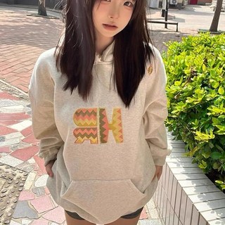 Skyciky 가을겨울 여성 빈티지 순면 자수 루즈핏 후드티 HH795