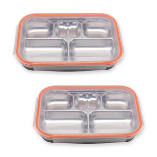 1+1 올품락 간편한끼 스텐 다이어트 직사각 5구 뚜껑 식판, 오렌지, 2세트