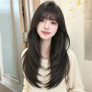 Leesheer 자연스러운 여성 전체가발 통가발 레이어드 여성 앞머리 가발, 1개, 다크 브라운